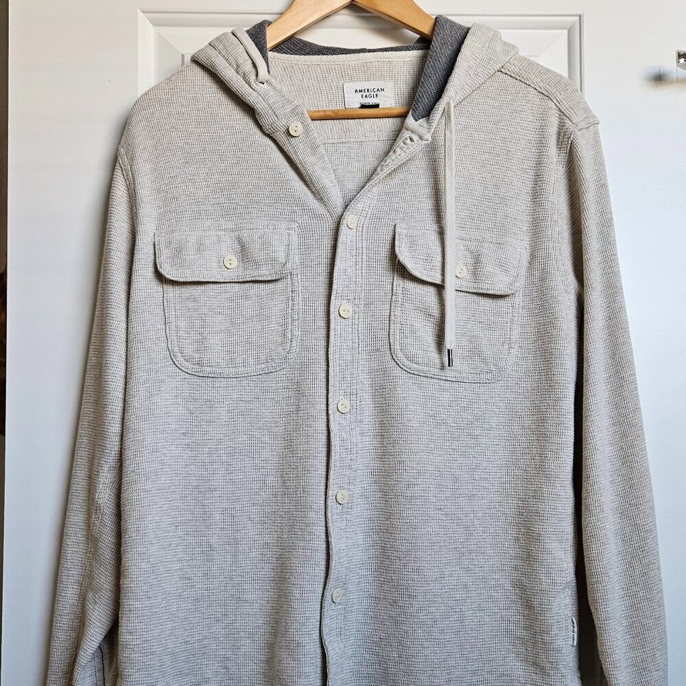 American Eagle Outfitters grey waffle-knit button-down hooded shirt. Size S